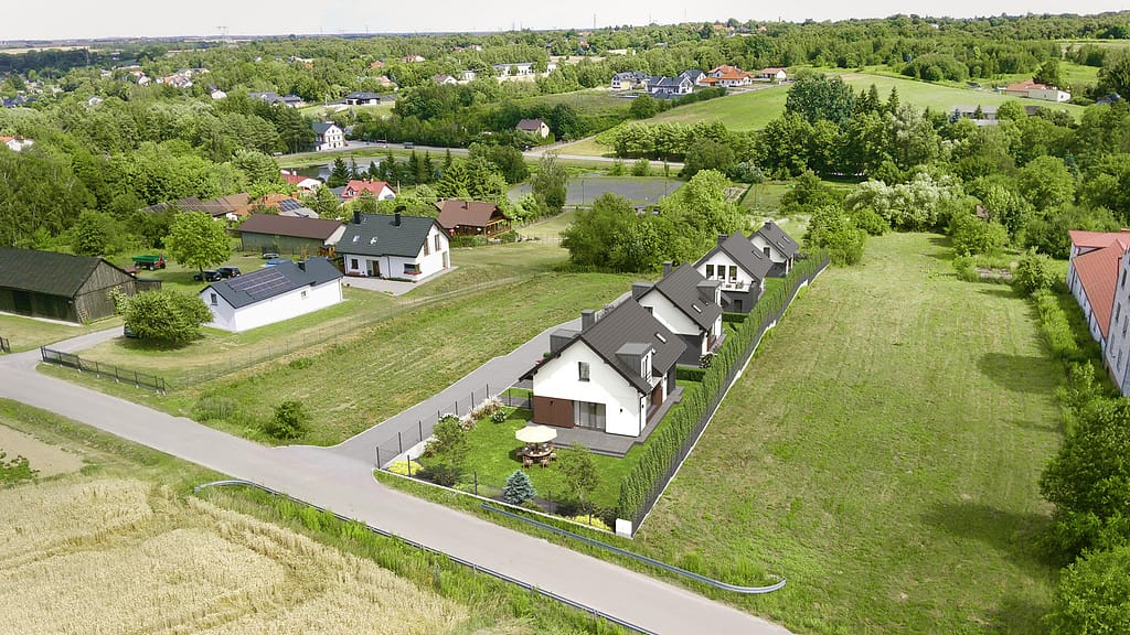 Osiedle nowych domów jednorodzinnych w Dysie niedaleko Lublina– ujęcie z drona