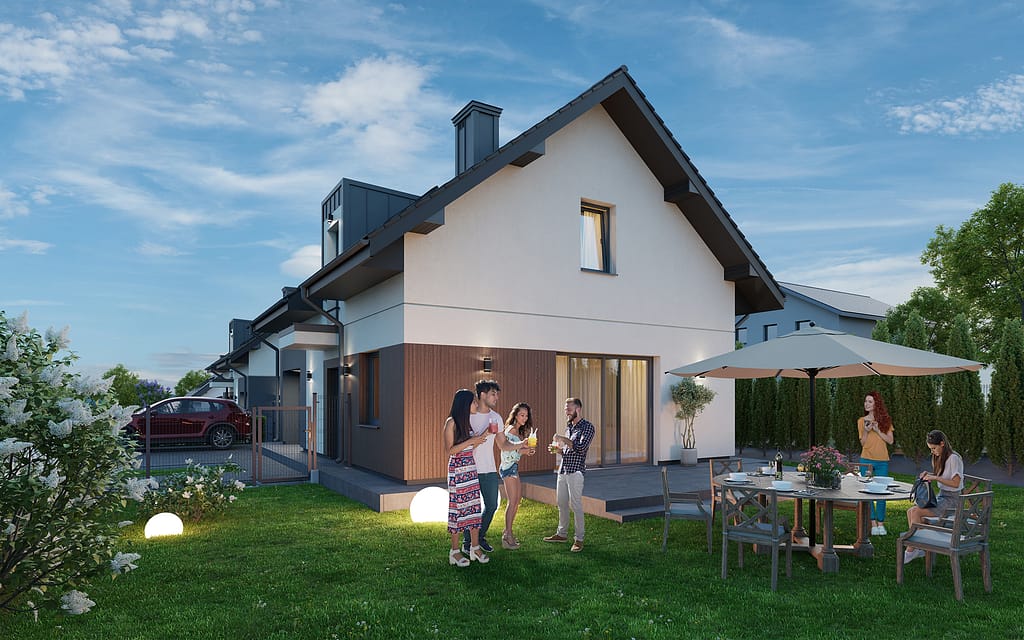 Dom jednorodzinny z garażem – wizualizacja wieczorna, Dys