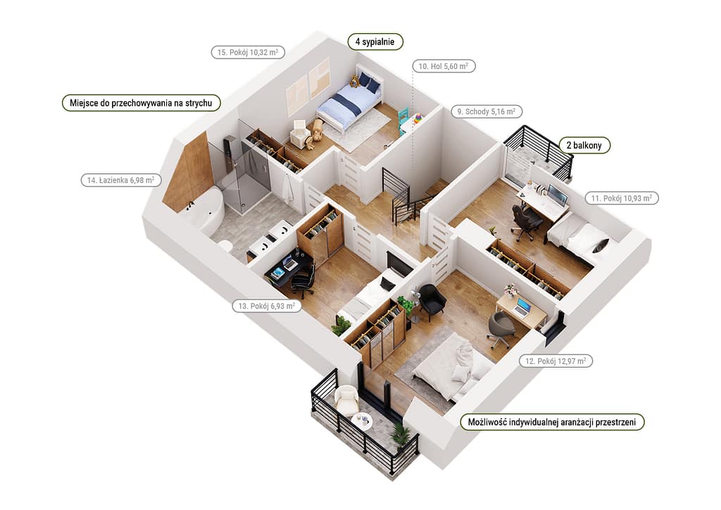 dom z poddaszem użytkowym- plan 3d