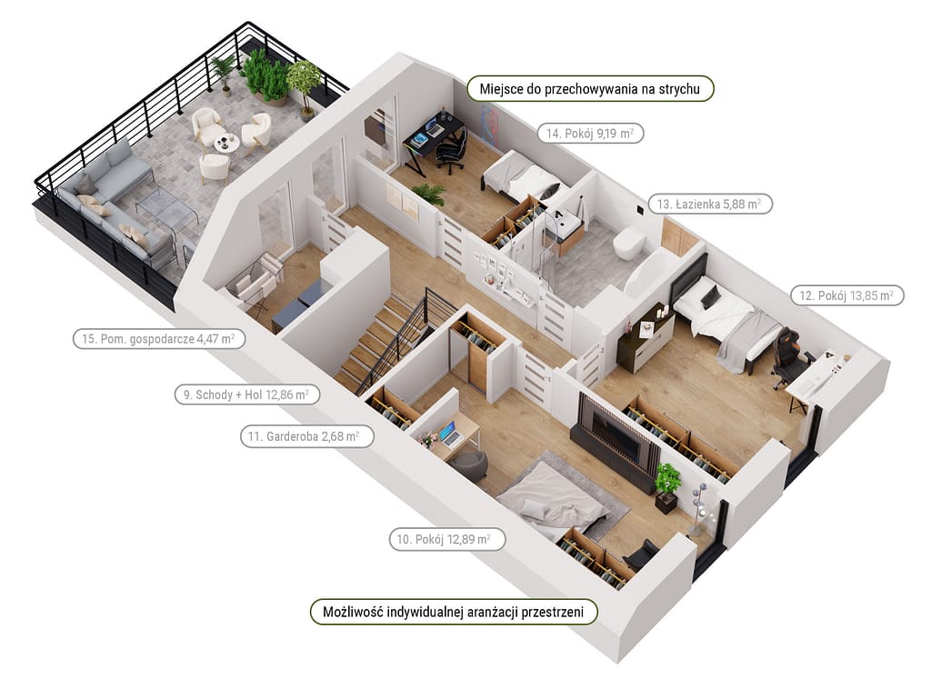 Rzut piętra domu z garażem i tarasem na piętrze– Dolina Ciemięgi