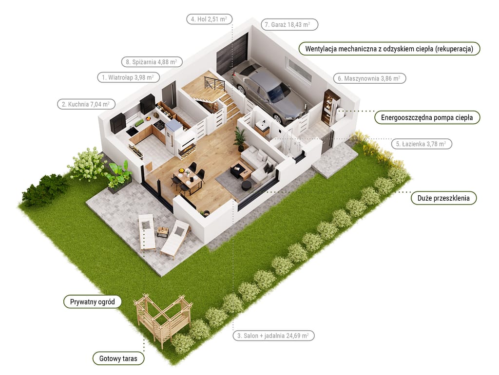 Rzut 3D parteru domu jednorodzinnego – Dys koło Lublina
