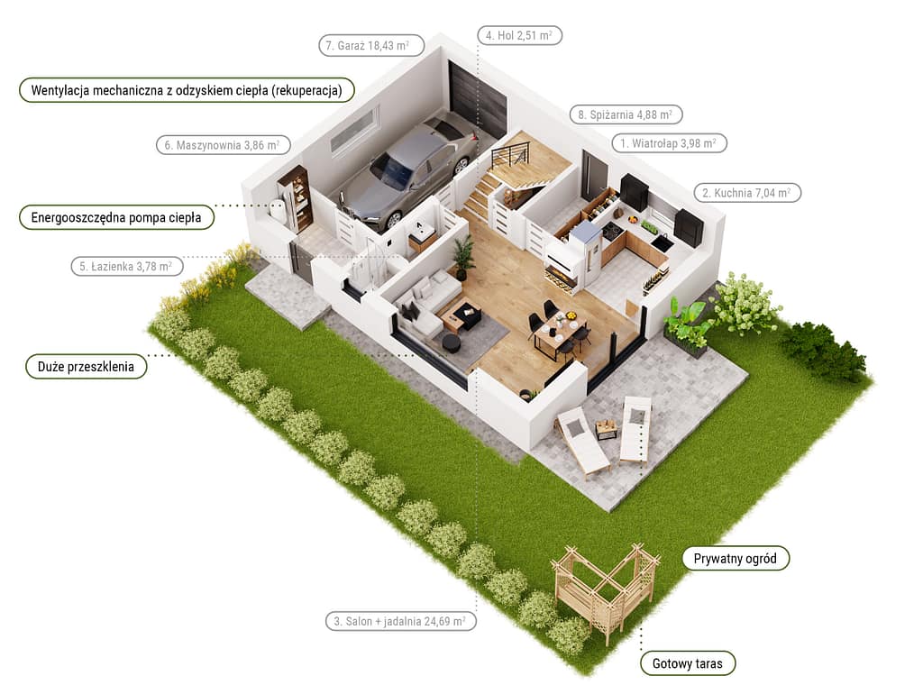 Układ pomieszczeń parteru – nowy dom w Dolinie Ciemięgi