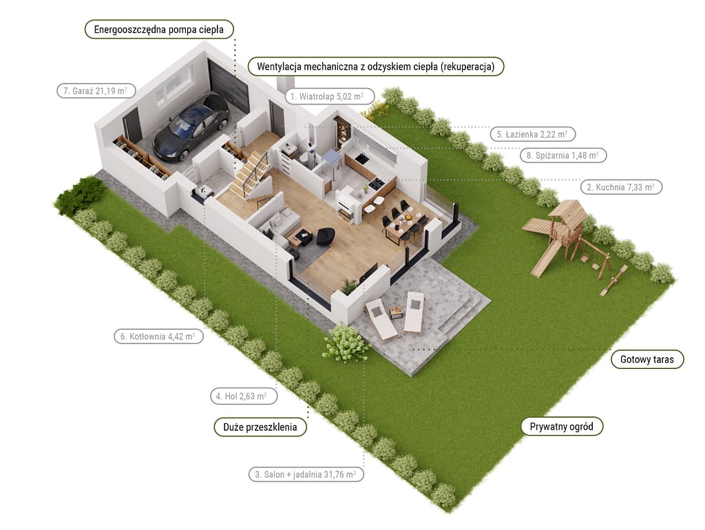 Rzut parteru domu z garażem – inwestycja Dys