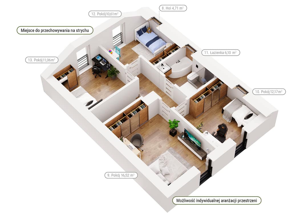 Schemat funkcjonalny piętra – dom jednorodzinny w Dysie