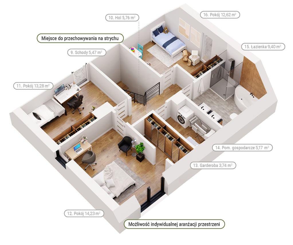 Rzut 3D piętra domu jednorodzinnego – Dys koło Lublina