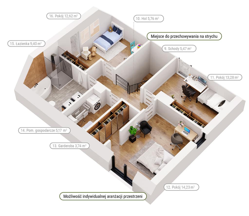 Układ pomieszczeń piętra – dom jednorodzinny Dys