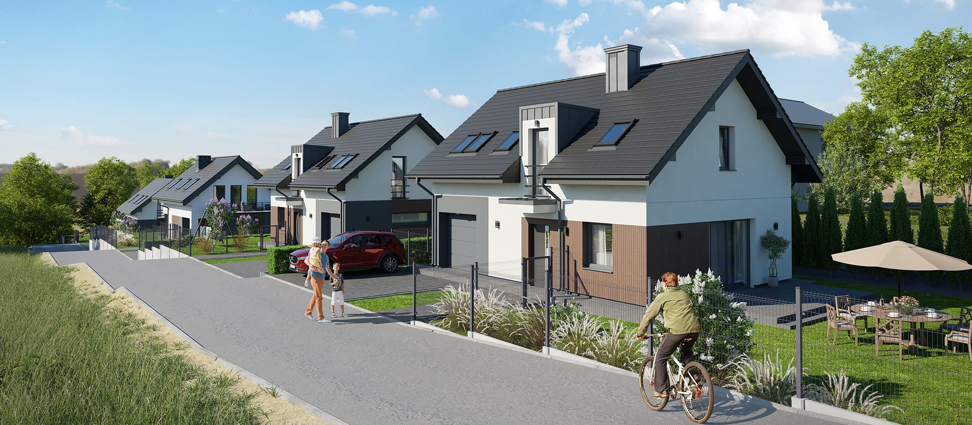 Nowoczesne domy jednorodzinne Domy w Dolinie Ciemięgi 2 w Dysie koło Lublina – spokojna ulica osiedlowa, zabudowa wolnostojąca, zielona okolica