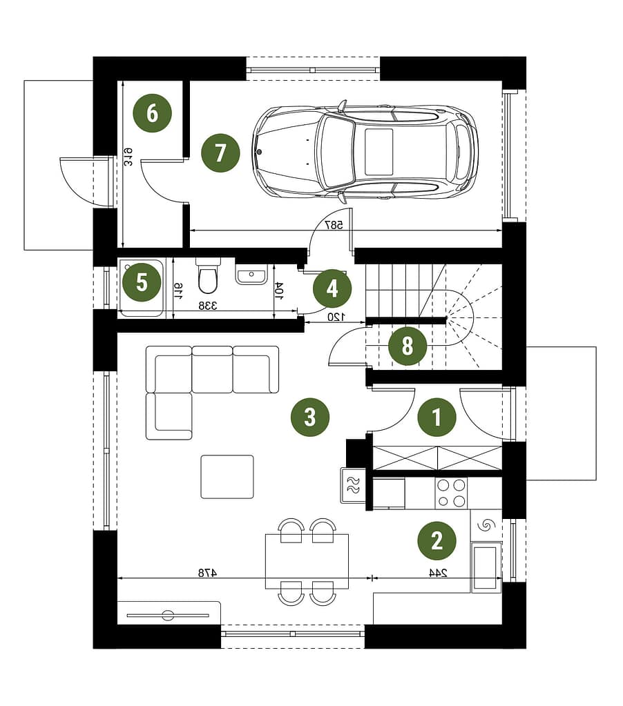 Plan parteru domu z garażem 2D – inwestycja Dolina Ciemięgi