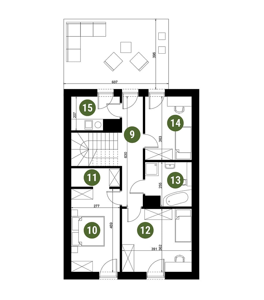 Układ pomieszczeń piętra domu 2D z tarasem na piętrze– nowy dom w Dysie