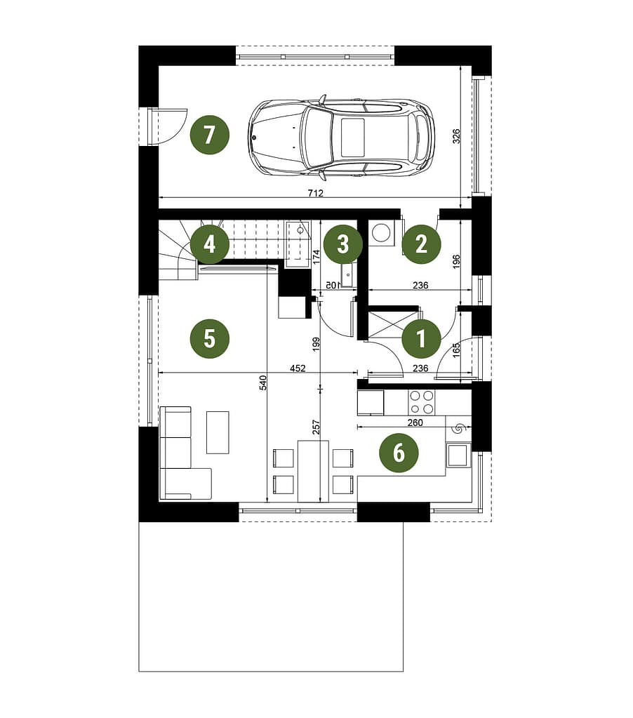 Rzut parteru nowego domu jednorodzinnego 2D – Dys
